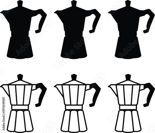 PrintMoka pot silhouettes, coffee maker icons, Italian espresso design, kitchen appliance graphic, solid and outline style, modern vector illustration