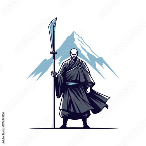 Monk Holding Large Ancient Weapon Standing.