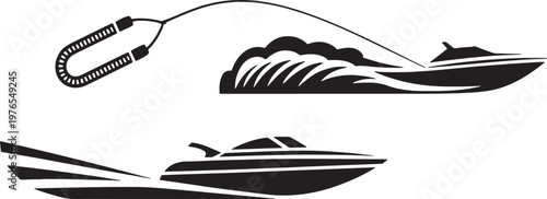 Minimalist Line Art Vector Illustration of Two Speedboats Moving Through Rough Ocean Water Wave