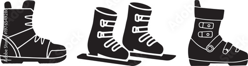 Set of Alpine Skiing Equipment Featuring Ski Boots and Skis in Detailed Vector Graphic Style