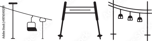 Set of cable car and ski lift icons showing different gondola systems and mountain ropeway trav