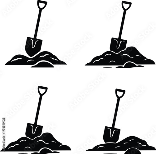 PrintShovel silhouettes, digging icons, soil mound, construction tool, excavation design, work equipment, outdoor labor, farming symbol, gardening illustration, vector graphic