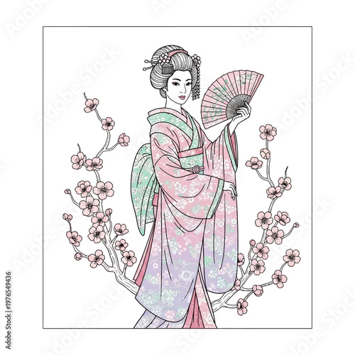Woman in Traditional Kimono Holding Fan.