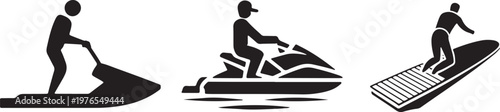 Set of three flat vector icons depicting people riding personal watercraft jet skis in profile