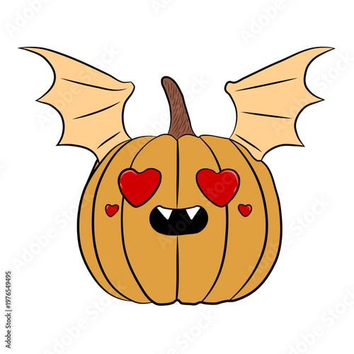 A cartoonish pumpkin with bat wings, heart-shaped eyes, and a playful expression with sharp teeth.