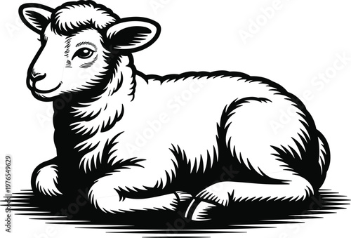 PrintVintage lamb illustration, woodcut engraving style, detailed fur texture, symbolic animal art, pastoral scene, traditional livestock drawing, rustic farm decor