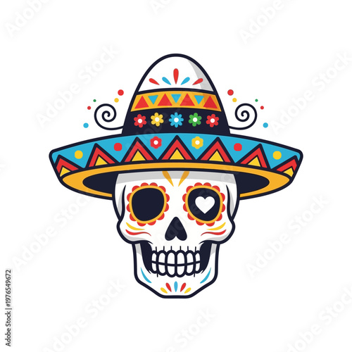 Colorful Skull Wearing Sombrero Hat.