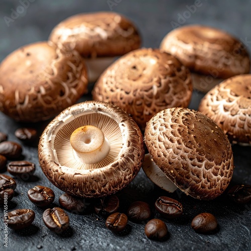 Close-up of mushrooms and coffee beans on a dark textured surface