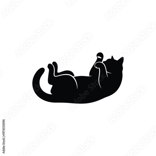 Playful black cat lying on its back, silhouette vector illustration, cute kitten upside down pose isolated on white background