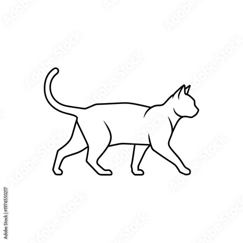 Minimalist line art walking cat vector illustration, side view kitten outline icon isolated on white background