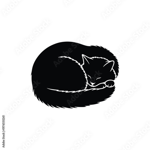 Sleeping curled black cat silhouette vector illustration, cozy resting kitten icon isolated on white background