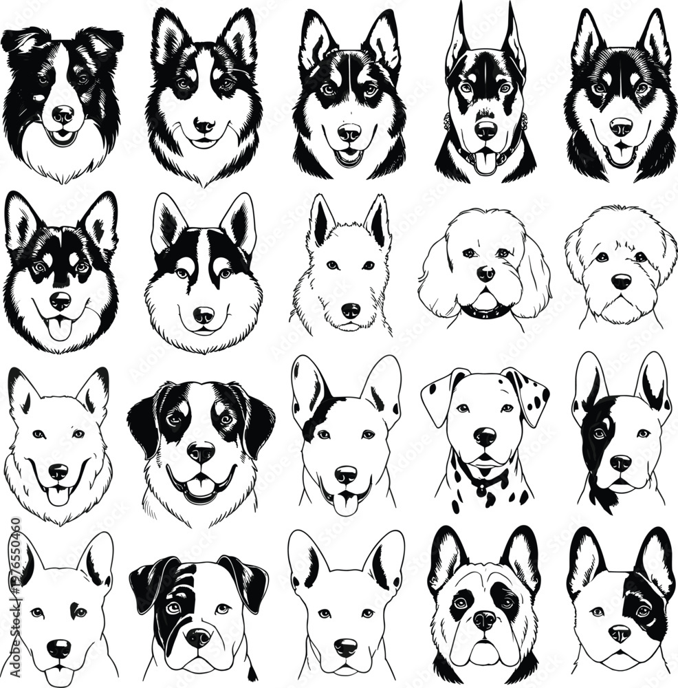Obraz premium PrintCartoon dog faces illustration, diverse breed collection, cute pet portrait grid, stylized animal character design, playful canine artwork background
