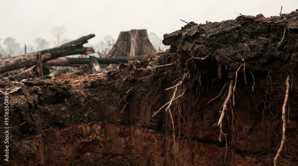Fototapeta premium Dangling roots exposed in a deep scar of stripped earth with blurred stumps beyond, illustrating rainforest deforestation, soil collapse, logging damage and severe environmental destruction