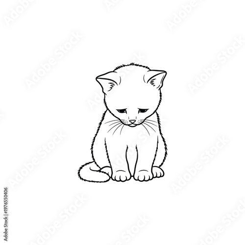 Sad cute kitten line art vector illustration, adorable sitting cat outline isolated on white background