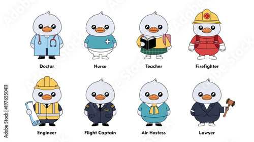 Set of cute and funny cartoon animal and monster characters in vector style , Duck faces in uniform for kids design collection sticker style