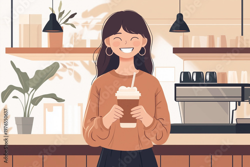 Smiling woman holding iced coffee with paper straw in cafe. Enjoying break time. Cartoon design.