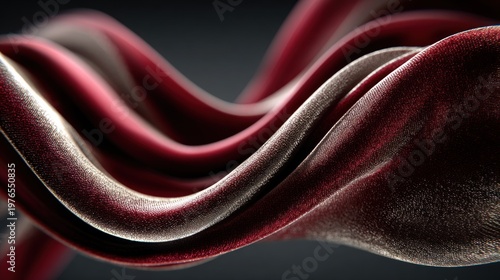 Close-up of flowing, wavy red and tan fabric against a dark background