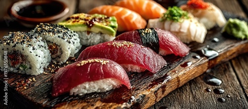 Assortment of colorful sushi rolls and nigiri presented on a wooden board