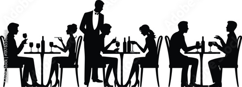 PrintRestaurant dining silhouette illustration, people eating drinking artwork, waiter serving food design, hospitality vector concept, social interaction artwork, dining lifestyle illustration