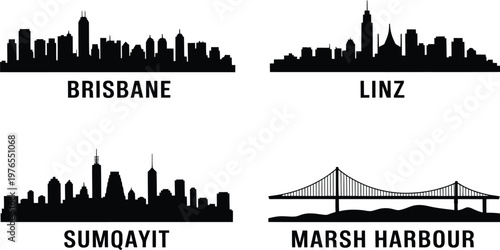 Brisbane linz sumqayit and marsh harbour city skyline silhouettes with bridge and skyscrapers