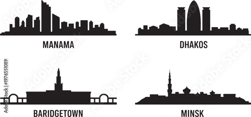 Capital cities skyline silhouettes for manama dhakos baridgetown and minsk urban architectures
