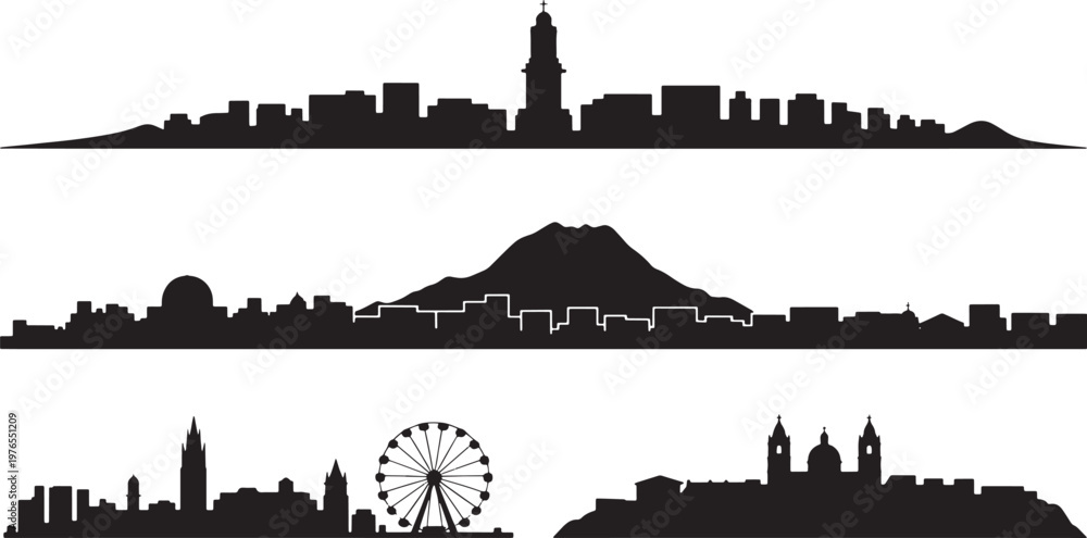 Obraz premium European city skyline silhouettes with cathedral spires ferris wheel and mountain landscapes