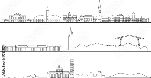 Detailed architectural line drawing of historical buildings and industrial harbor crane motifs