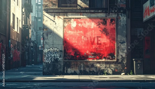Narrow urban alley, sunlit, with faded red poster and graffiti-covered walls
