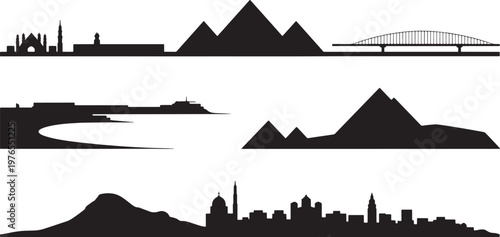 Egyptian pyramids and ancient landmarks skyline silhouettes with desert landscape and bridges