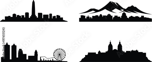 Famous cities skyline silhouettes collection featuring mountains ferris wheel and cathedrals