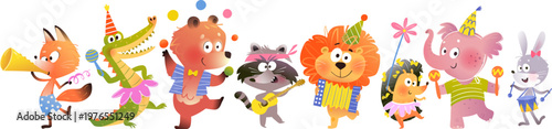 Musical party dancing animals Fox, Crocodile, Bear, Raccoon, Lion, Elephant. Funny dressed baby animals play music for children. Vector cartoon celebration characters illustration collection for kids
