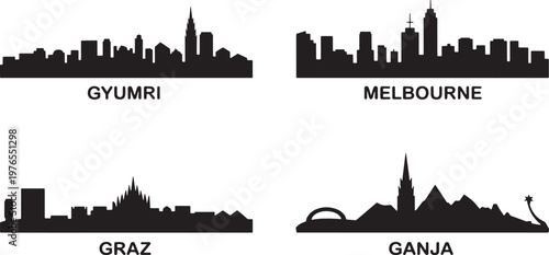 Global city silhouettes including Gyumri Melbourne Graz and Ganja architectural skyline vector