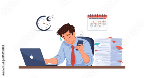 Stressed office worker illustration showing a man experiencing burnout at work, sitting slumped at a desk with a laptop, smartphone, overflowing paperwork, and a calendar against a clean