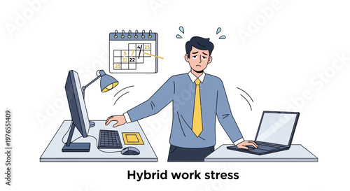An exhausted office worker experiences burnout at work in this vector illustration, depicted with a calendar showing deadlines, a laptop, and a desktop computer on a white background