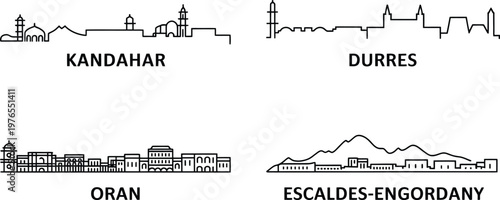 Kandahar durres oran escaldes-engordany city skylines vector set outline illustration travel architecture