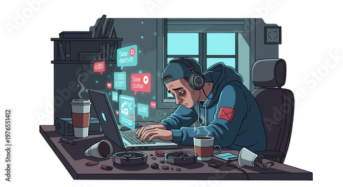 An exhausted employee illustration depicts a person experiencing burnout at work, slumped over a laptop with social media notifications floating around, in a vector design with muted colors