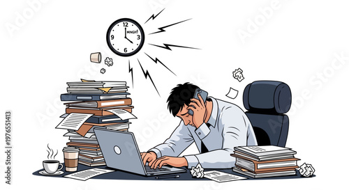 An exhausted office worker is depicted in a vector illustration showing burnout at work, with a laptop, pile of books, clock and crumpled papers emphasizing workplace stress against a clean