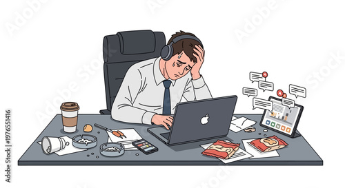 Illustration of an exhausted office worker experiencing burnout at work, depicted with a vector design on a cluttered desk featuring a laptop, headphones, and food wrappers