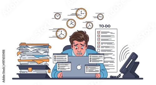Stressed office worker with a looming to-do list and swirling clocks, depicted in a flat vector illustration against a white background, conveying workplace burnout and overwhelming