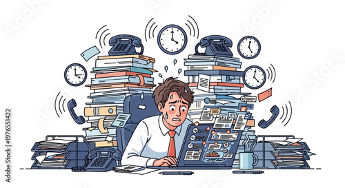 Illustration depicting an exhausted office worker overwhelmed by workplace stress, surrounded by stacks of paperwork, ringing telephones, and clocks, all rendered in a simple vector design