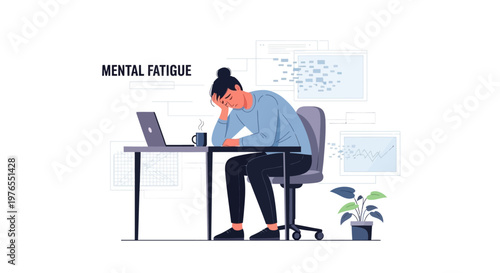 Flat vector illustration depicting an exhausted office worker slumped at a desk with a laptop and coffee, conveying workplace stress and burnout against a clean white background