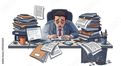 A stressed office worker is depicted in a vector illustration, overwhelmed at his desk with piles of documents and a laptop, conveying workplace burnout with a tired expression and messy