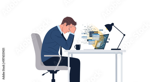 An exhausted office worker sits at his desk with vector illustration elements surrounding his laptop, conveying workplace stress and burnout, in a design that uses a clean, simple style