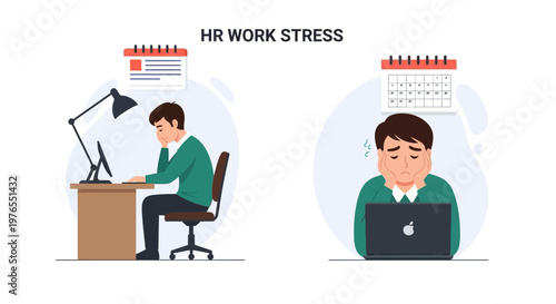 Illustration depicting an exhausted office worker experiencing work burnout, shown in two scenes with calendars overhead, designed in a flat vector style with a clean white background