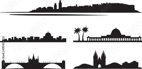 Landmark silhouettes including arched bridge and palm tree pavilion with church spire outlines