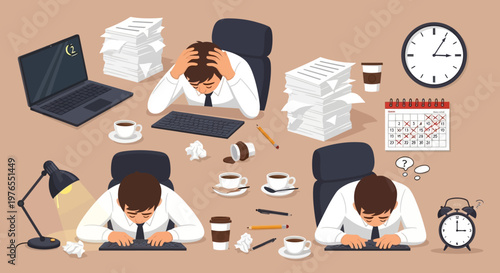 Illustration depicting exhausted workers dealing with workplace stress, shown with piles of papers, spilled coffee, and heads in hands, rendered as a flat vector design on a neutral