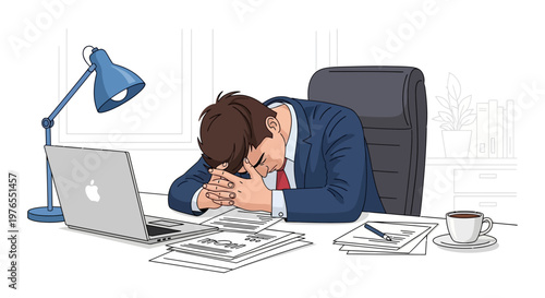 A tired office worker with workplace stress is illustrated in a vector design, slumped at his desk with his head in his hands amidst scattered papers and a laptop, conveying burnout