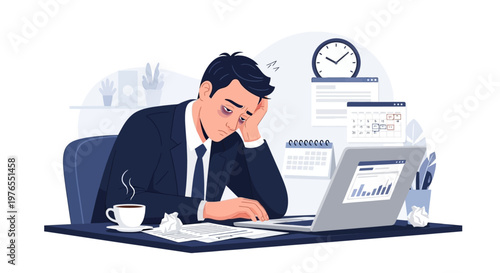 Vector illustration of an exhausted office worker experiencing burnout at work, slumped over a laptop amid crumpled papers and a coffee cup against a white background in a flat design