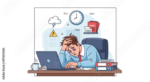An exhausted office worker experiences burnout at work, depicted in a vector illustration showing a man slumped over a laptop at his desk with messy hair and a stormy cloud overhead