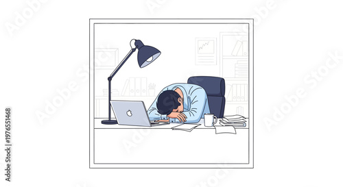 Illustration of an exhausted office worker slumped at their desk with a laptop and lamp, conveying burnout and workplace stress in a flat vector design against a clean background, showing